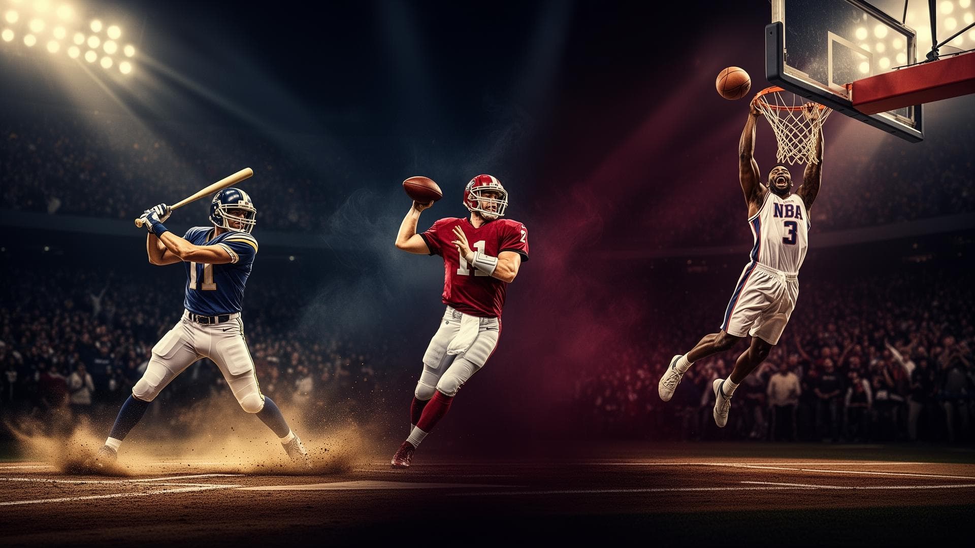 Baseball, football, and basketball action