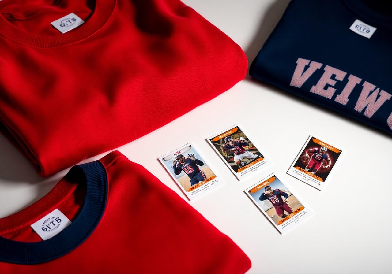 Custom sweatshirts and trading cards display